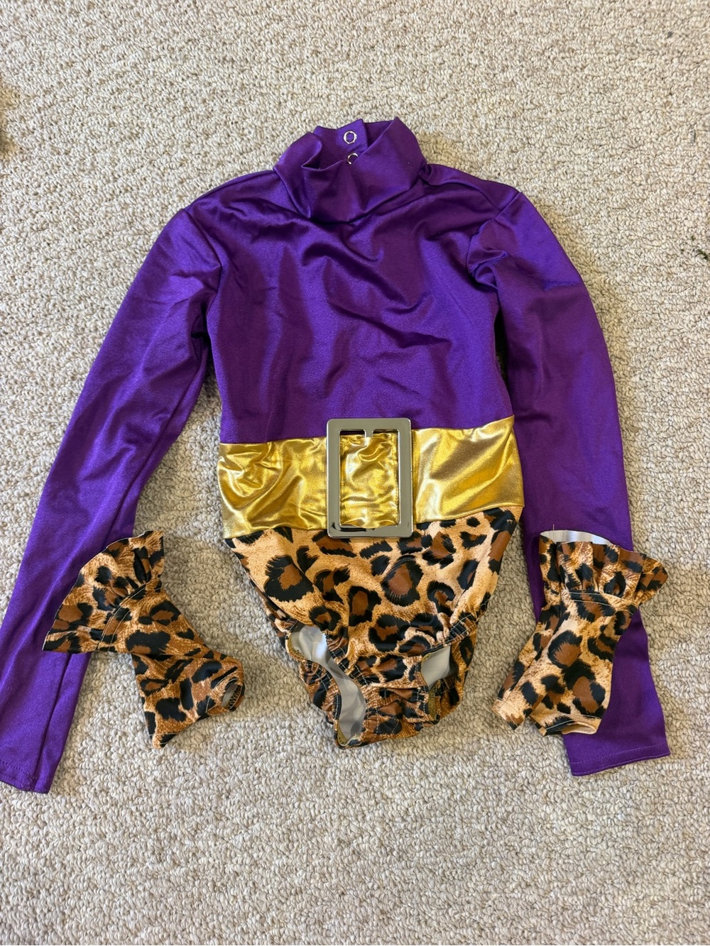Girls' Purple Metallic Dance Leotard with Gold Belt & Leopard Trim